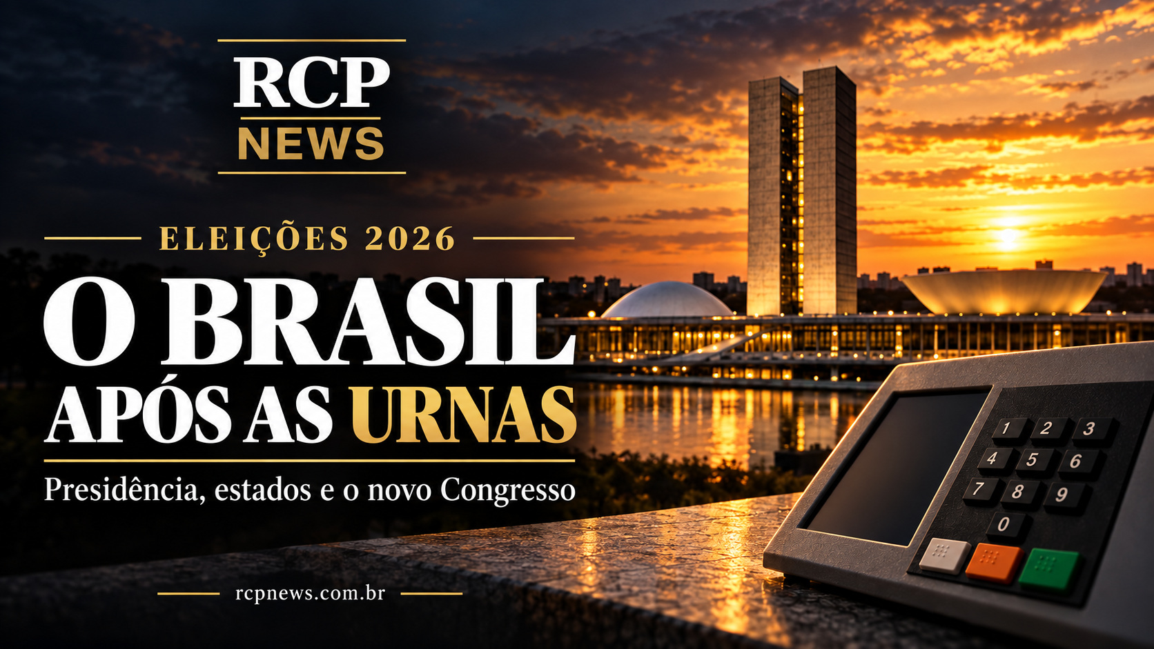 Eleições 2026: o Brasil após as urnas. Presidência, estados e o novo Congresso. Capa ilustrada da RCP News.
