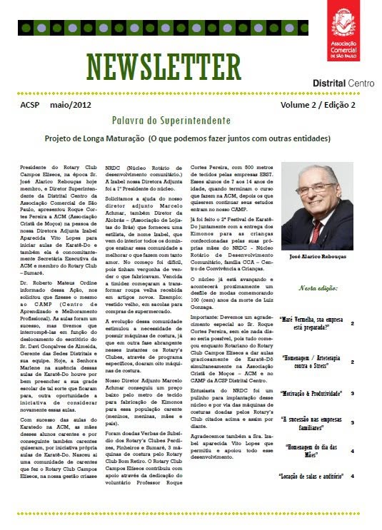 Newsletter da Distrital Centro da ACSP, maio de 2012, volume 2, edição 2: Projeto de Longa Maturação, na seção Palavra do Superintendente