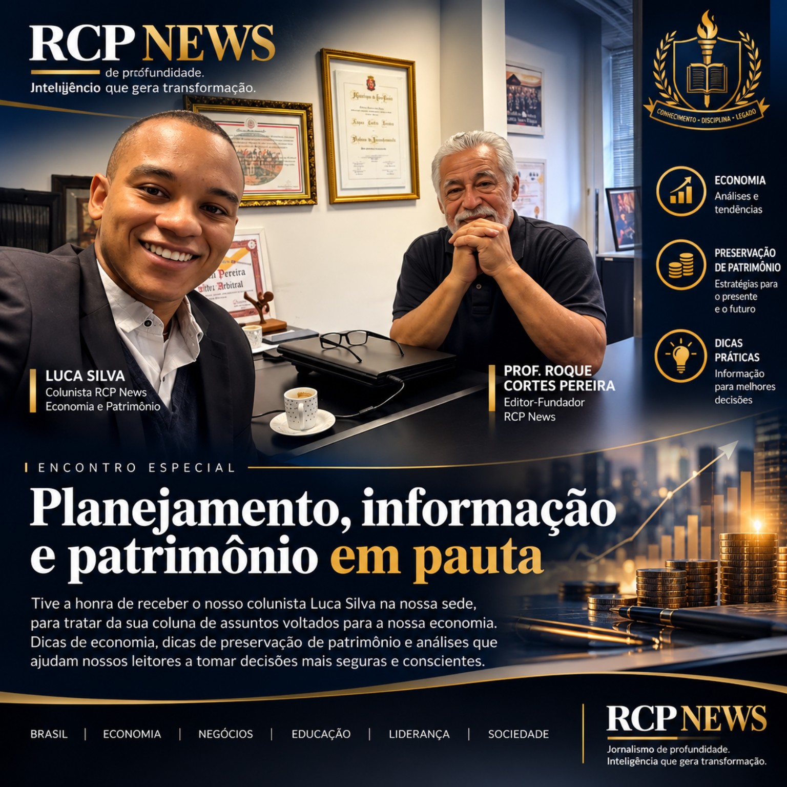 Luca Silva e Professor Roque Cortes Pereira na sede do RCP News, em arte sobre economia e preservação de patrimônio