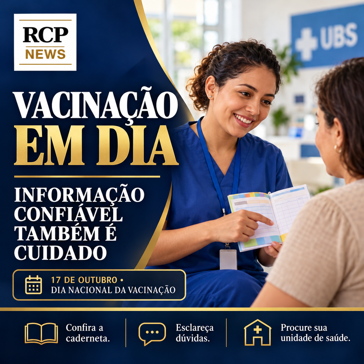 Capa RCP News: profissional de saúde orienta uma mulher sobre a caderneta de vacinação